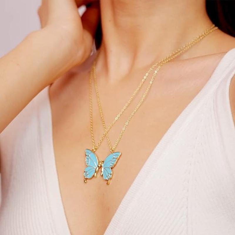 2 Pcs Enamel Butterfly Pendant Necklace Set – Unisex Korean Style Key Necklace for Best Friends & Couples