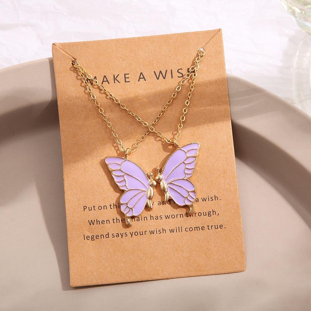 2 Pcs Enamel Butterfly Pendant Necklace Set – Unisex Korean Style Key Necklace for Best Friends & Couples