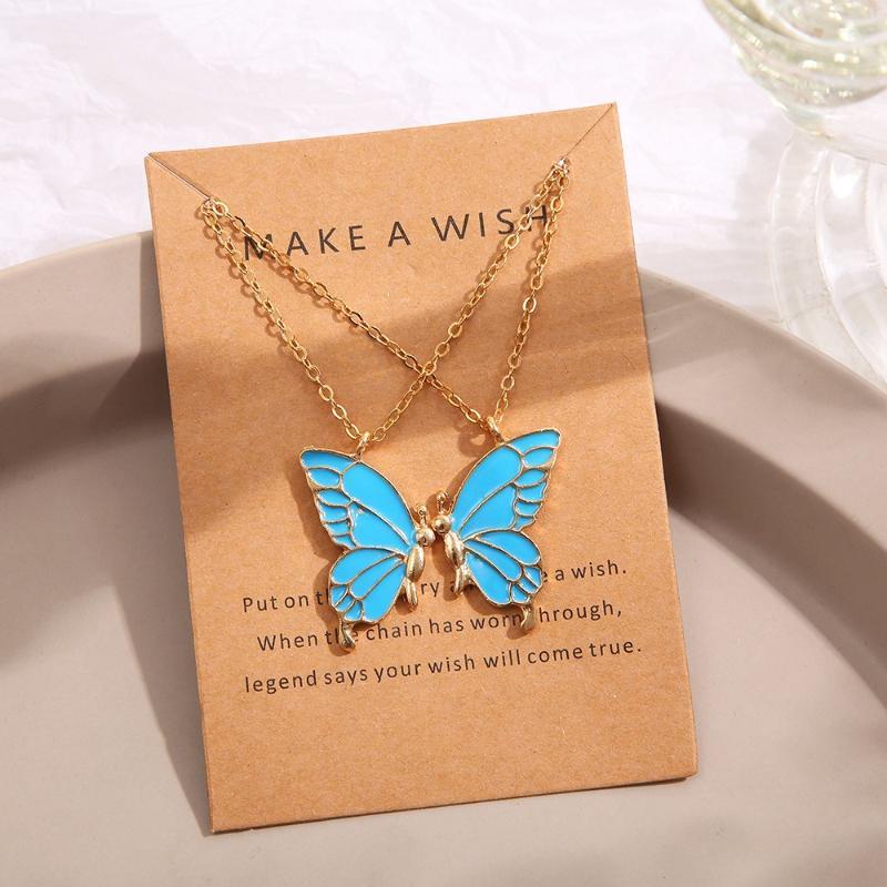 2 Pcs Enamel Butterfly Pendant Necklace Set – Unisex Korean Style Key Necklace for Best Friends & Couples