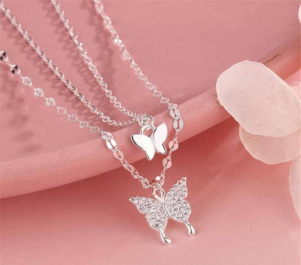 1 Pc Alloy Silver Plated Double Layered Butterfly Pendant Necklace