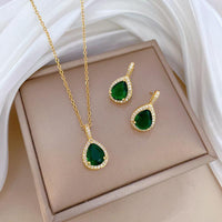 Elegant Green Gemstone Teardrop Pendant Set – 3 Pcs Gold Plated Jewelry for Women