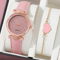 Silver Rhinestone Women’s Watch with Leather Strap - 2-Piece Set