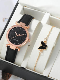 Silver Rhinestone Women’s Watch with Leather Strap - 2-Piece Set