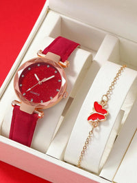 Silver Rhinestone Women’s Watch with Leather Strap - 2-Piece Set